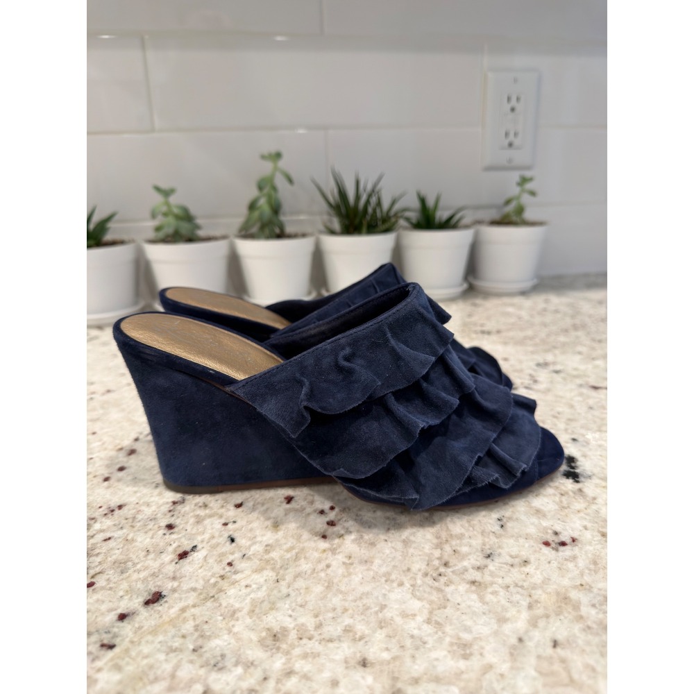 Liendo Navy Suede Ruffle‎ Wedge Sandals Size 8.5
